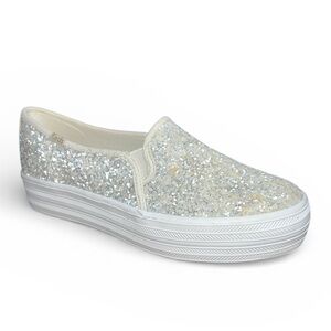 Keds x Kate Spade Triple Decker Glitter Slip-On Sneakers Women’s 6 Silver Canvas